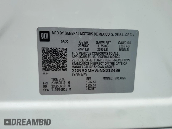 2022 Chevrolet Equinox RS z VIN 3GNAXMEV5NS212489, wystawiony jako Copart lot #51080555 z przebiegiem 28 364 mil mil oraz Szkoda całkowita • Salvage title. Historia ofert i sprzedaży dostępna na DreamBid. Obrazek 13.