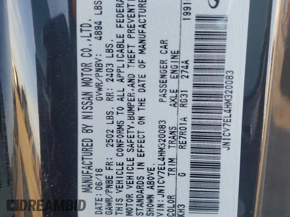2017 Infiniti Q60 2.0t with VIN JN1CV7EL4HM320083, listed as a Copart auction lot 47426045 with 116,411 mi miles and Salvage Title. Bid and sale history available at DreamBid. Image 12.