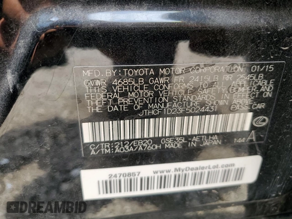 2015 Lexus IS 250 z VIN JTHCF1D23F5024431, wystawiony jako Copart lot #54535675 z przebiegiem 191 395 mil mil oraz Szkoda całkowita • Salvage title. Historia ofert i sprzedaży dostępna na DreamBid. Obrazek 12.