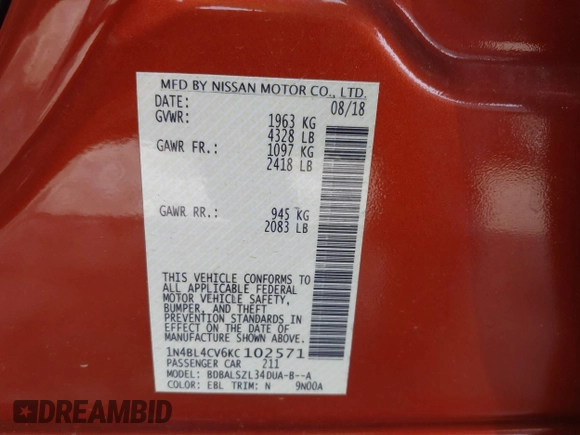 2019 Nissan Altima 2.5 SR with VIN 1N4BL4CV6KC102571, listed as a IAAI auction lot 40963352 with 203,747 mi miles. Bid and sale history available at carsss.com. Image 9.