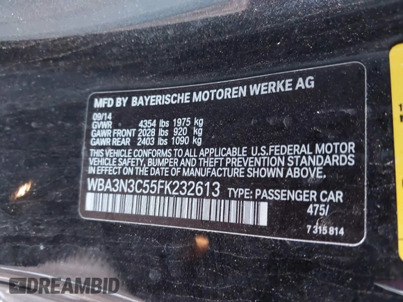 2015 BMW 4 Series 428i with VIN WBA3N3C55FK232613, listed as a IAAI auction lot 41865898 with 104,585 mi miles and . Bid and sale history available at carsss.com. Image 9.