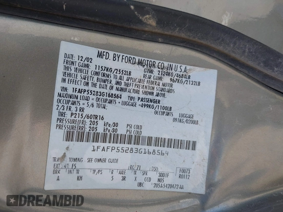 2003 Ford Taurus SES Standard with VIN 1FAFP55283G168564, listed as a IAAI auction lot 41884130 with 199,923 mi miles and . Bid and sale history available at DreamBid. Image 9.