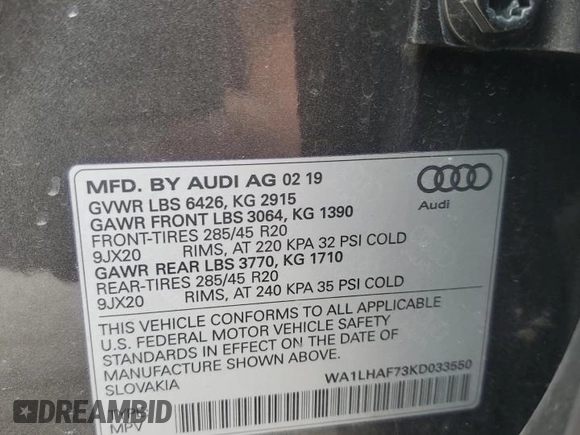 2019 Audi Q7 Premium Plus with VIN WA1LHAF73KD033550, listed as a Copart auction lot 54977045 with 51,044 mi miles and Salvage title. Bid and sale history available at DreamBid. Image 13.