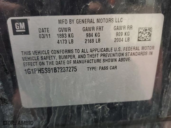 2011 Chevrolet Cruze LTZ with VIN 1G1PH5S91B7237275, listed as a Copart auction lot 51965225 with 160,422 mi miles and Salvage Title. Bid and sale history available at carsss.com. Image 14.