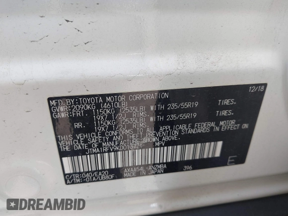 2019 Toyota RAV4 XLE Premium with VIN JTMA1RFV9KD013771, listed as a IAAI auction lot 42055558 with 36,585 mi miles. Bid and sale history available at carsss.com. Image 9.