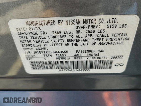 2018 Infiniti Q50 Luxe with VIN JN1EV7AR8JM443555, listed as a Copart auction lot 59691455 with 65,615 mi miles and Salvage title. Bid and sale history available at DreamBid. Image 12.