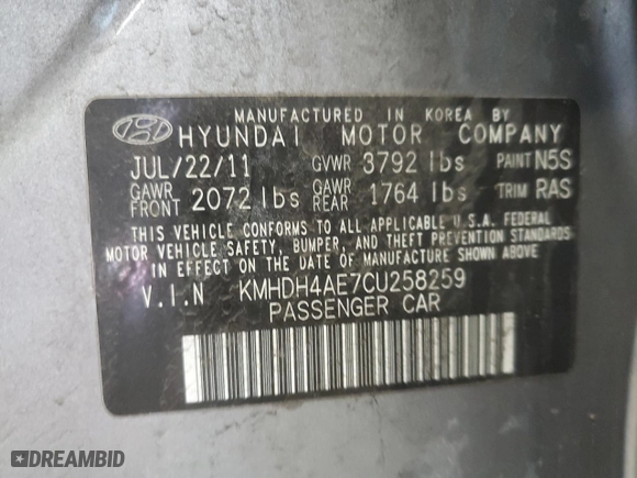 2012 Hyundai Elantra GLS PZEV with VIN KMHDH4AE7CU258259, listed as a Copart auction lot 50125935 with 154,437 mi miles and Salvage Title. Bid and sale history available at carsss.com. Image 12.