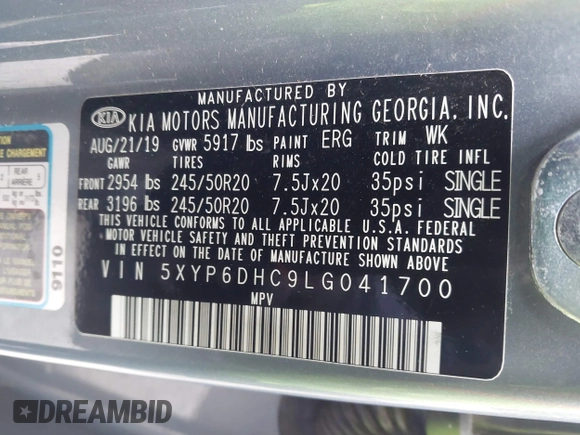 2020 Kia Telluride S with VIN 5XYP6DHC9LG041700, listed as a IAAI auction lot 41585797 with 112,869 mi miles and . Bid and sale history available at DreamBid. Image 9.
