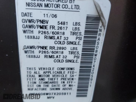 2007 Infiniti FX35 with VIN JNRAS08W07X205911, listed as a Copart auction lot 80890194 with 0 mi miles and Salvage Title. Bid and sale history available at carsss.com. Image 13.