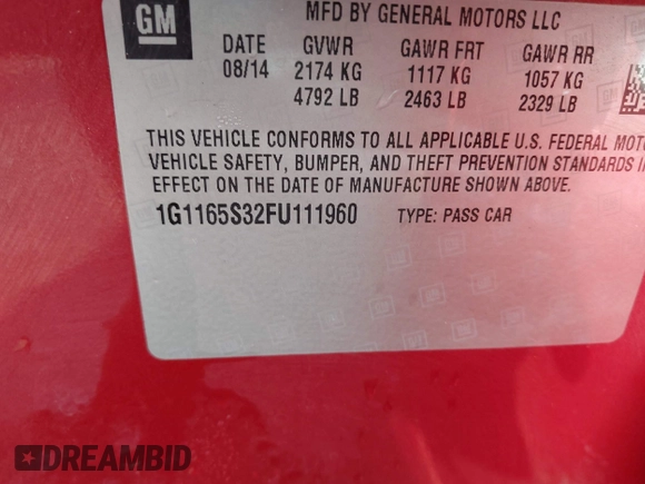 2015 Chevrolet Impala LTZ with VIN 1G1165S32FU111960, listed as a IAAI auction lot 41984314 with 115,379 mi miles and . Bid and sale history available at DreamBid. Image 9.