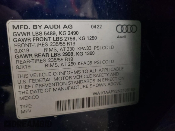 2022 Audi Q5 S line Premium with VIN WA1GAAFY2N2108169, listed as a Copart auction lot 51763745 with 53,698 mi miles and Salvage Title. Bid and sale history available at carsss.com. Image 14.