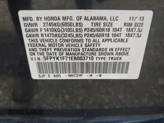 2014 Honda Ridgeline Sport with VIN 5FPYK1F71EB003710, listed as a IAAI auction lot 42777931 with 126,755 mi miles and . Bid and sale history available at DreamBid. Image 9.