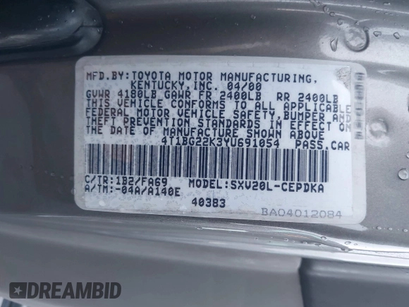 2000 Toyota Camry CE z VIN 4T1BG22K3YU691054, wystawiony jako IAAI lot #41896526 z przebiegiem 303 993 mil mil oraz . Historia ofert i sprzedaży dostępna na DreamBid. Obrazek 9.