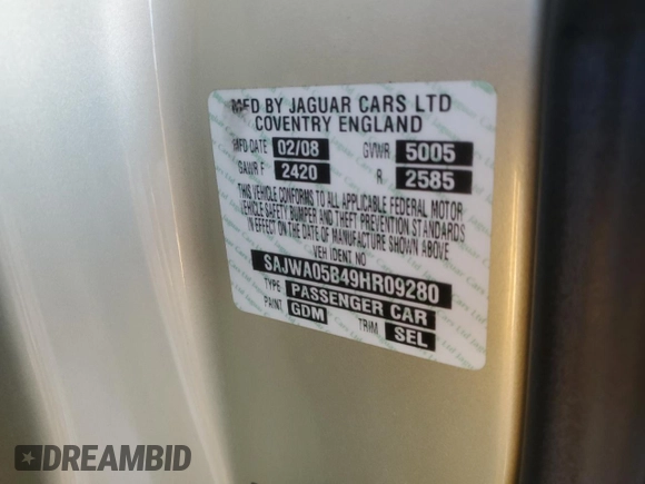2009 Jaguar XF Luxury with VIN SAJWA05B49HR09280, listed as a Copart auction lot 43210245 with 137,540 mi miles and Salvage Title. Bid and sale history available at DreamBid. Image 12.