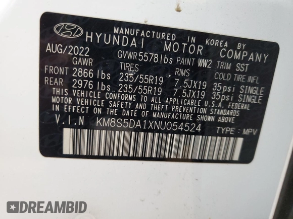 2022 Hyundai Santa Fe Hybrid Limited with VIN KM8S5DA1XNU054524, listed as a Copart auction lot 49461015 with 27,809 mi miles and Salvage Title. Bid and sale history available at carsss.com. Image 14.