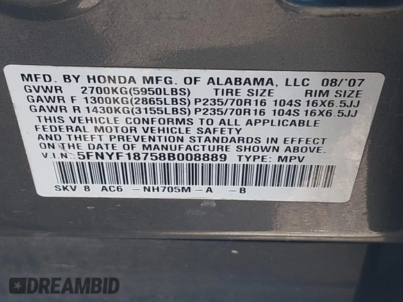 2008 Honda Pilot EX-L с VIN 5FNYF18758B008889, выставлен на аукционе IAAI как лот 42800809 с пробегом 219 877 миль миль и . История ставок и продаж доступна на DreamBid. Изображение 9.