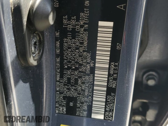 2012 Toyota Highlander Limited with VIN 5TDDK3EH4CS128884, listed as a Copart auction lot 57292665 with 237,093 mi miles and Salvage title. Bid and sale history available at DreamBid. Image 13.