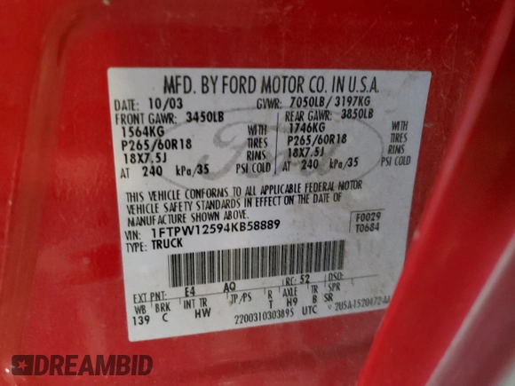 2004 Ford F-150 XLT z VIN 1FTPW12594KB58889, wystawiony jako Copart lot #63860295 z przebiegiem 210 715 mil mil oraz Nie do naprawy • Non repairable. Historia ofert i sprzedaży dostępna na DreamBid. Obrazek 12.