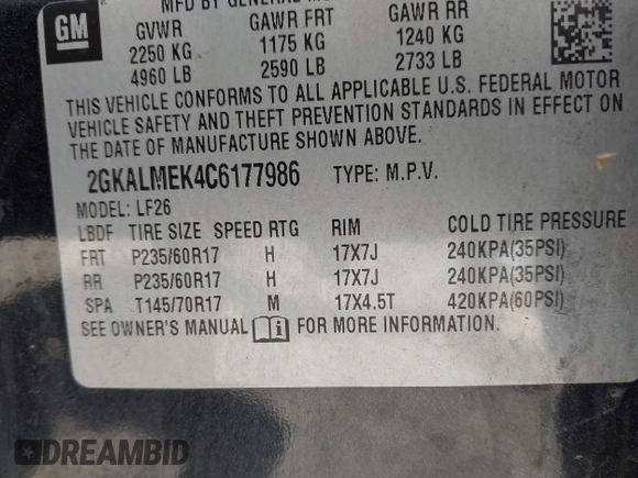 2012 GMC Terrain SLE-1 with VIN 2GKALMEK4C6177986, listed as a IAAI auction lot 41896694 with Not Provided miles and . Bid and sale history available at carsss.com. Image 9.