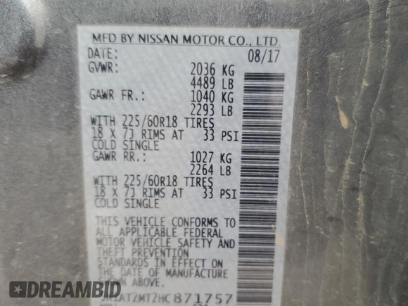 2017 Nissan Rogue SV with VIN 5N1AT2MT2HC871757, listed as a Copart auction lot 50798155 with 103,458 mi miles and Salvage Title. Bid and sale history available at carsss.com. Image 13.