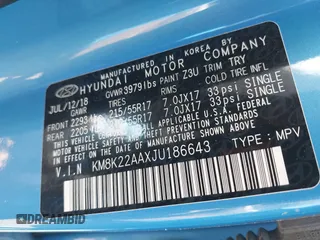 2018 Hyundai Kona SEL with VIN KM8K22AAXJU186643, listed as a IAAI auction lot 41739301 with 89,455 mi miles. Bid and sale history available at carsss.com. Image 9.