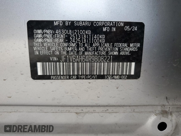 2024 Subaru WRX Premium with VIN JF1VBAH64R9808221, listed as a Copart auction lot 54990545 with 105,565 mi miles and Salvage title. Bid and sale history available at DreamBid. Image 12.