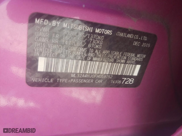 2015 Mitsubishi Mirage ES with VIN ML32A4HJ0FH059752, listed as a Copart auction lot 68095304 with 66284 miles and Clean Title. Bid and sale history available at carsss.com. Image 12.
