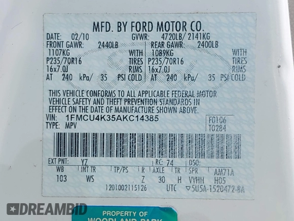 2010 Ford Escape Hybrid with VIN 1FMCU4K35AKC14385, listed as a IAAI auction lot 42182581 with 115,974 mi miles and . Bid and sale history available at DreamBid. Image 9.