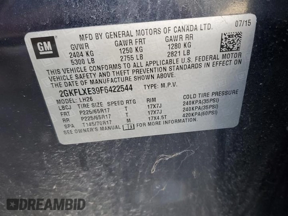 2015 GMC Terrain SLT with VIN 2GKFLXE39F6422544, listed as a Copart auction lot 79659564 with 86,497 mi miles and Salvage Title. Bid and sale history available at DreamBid. Image 14.