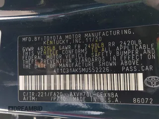 2021 Toyota Camry Hybrid LE with VIN 4T1C31AK5MU552226, listed as a IAAI auction lot 40210726 with 107,331 mi miles. Bid and sale history available at carsss.com. Image 9.