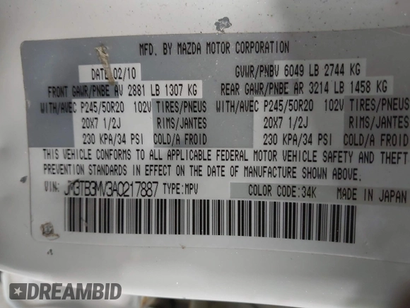 2010 Mazda CX-9 Touring with VIN JM3TB3MV3A0217887, listed as a IAAI auction lot 41621555 with 136,038 mi miles and . Bid and sale history available at carsss.com. Image 9.