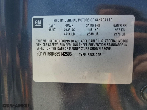 2008 Chevrolet Impala LT with VIN 2G1WT58K689142593, listed as a Copart auction lot 50088755 with NaN miles and Salvage Title. Bid and sale history available at carsss.com. Image 12.