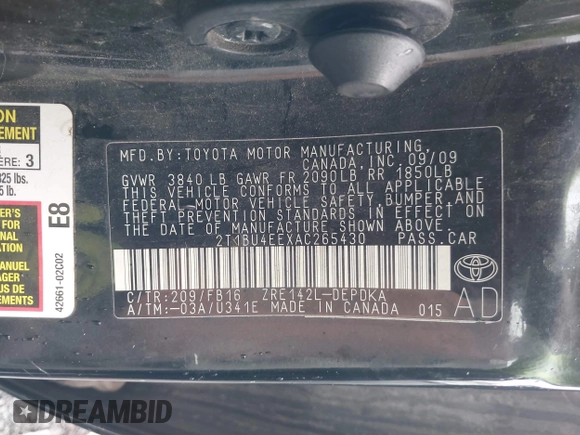 2010 Toyota Corolla with VIN 2T1BU4EEXAC265430, listed as a IAAI auction lot 42525139 with 275,198 mi miles and . Bid and sale history available at DreamBid. Image 9.