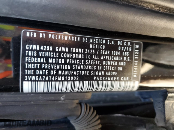 2015 Volkswagen Beetle with VIN 3VW5A7AT4FM813008, listed as a Copart auction lot 87399474 with 111,829 mi miles and Salvage Title. Bid and sale history available at DreamBid. Image 12.
