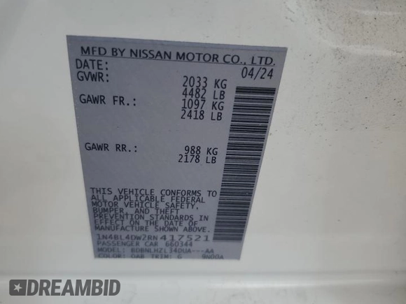 2024 Nissan Altima 2.5 SV with VIN 1N4BL4DW2RN417521, listed as a Copart auction lot 49870205 with 10,732 mi miles and Salvage Title. Bid and sale history available at carsss.com. Image 14.