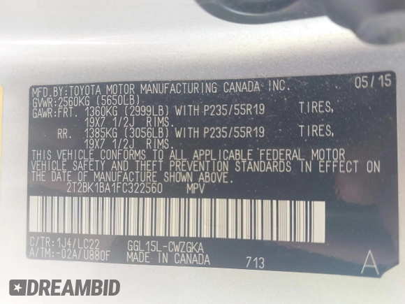2015 Lexus RX 350 with VIN 2T2BK1BA1FC322560, listed as a IAAI auction lot 41909314 with 135,715 mi miles and . Bid and sale history available at DreamBid. Image 9.