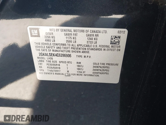 2012 GMC Terrain SLE-2 with VIN 2GKALSEK4C6286906, listed as a IAAI auction lot 42148012 with 155,042 mi miles and . Bid and sale history available at DreamBid. Image 9.