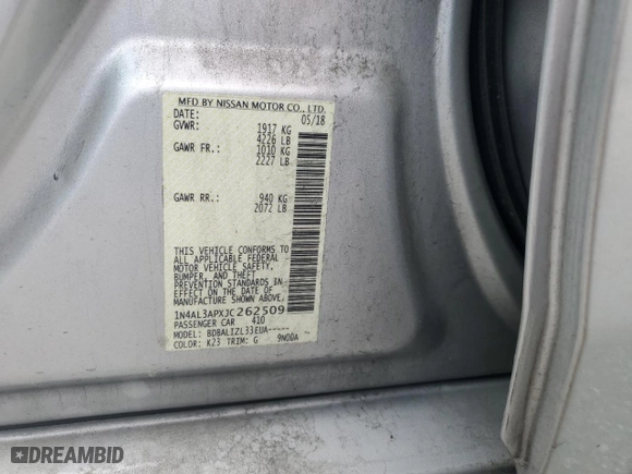 2018 Nissan Altima 2.5 S with VIN 1N4AL3APXJC262509, listed as a Copart auction lot 51727575 with 131,455 mi miles and Salvage Title. Bid and sale history available at carsss.com. Image 12.