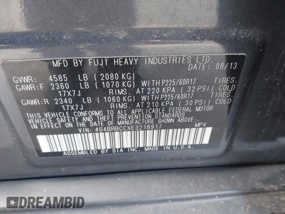 2014 Subaru Outback Premium with VIN 4S4BRBCCXE3218917, listed as a IAAI auction lot 42088676 with 160,290 mi miles and . Bid and sale history available at DreamBid. Image 9.
