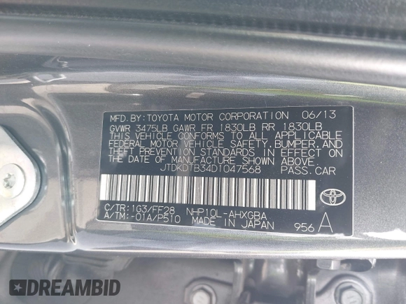 2013 Toyota Prius One with VIN JTDKDTB34D1047568, listed as a IAAI auction lot 41950373 with 99,319 mi miles and . Bid and sale history available at carsss.com. Image 9.