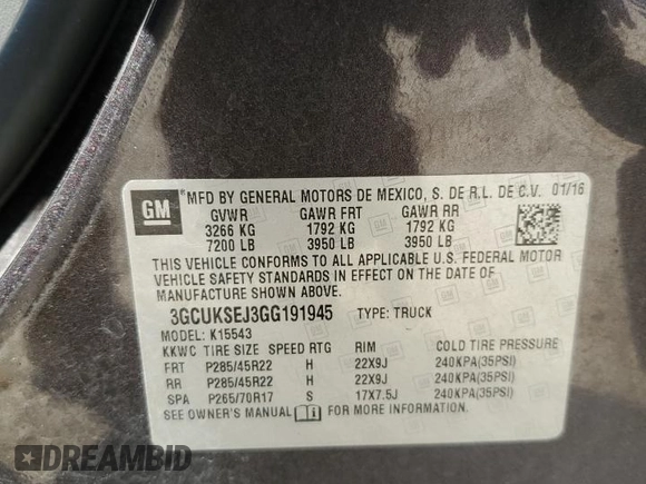 2016 Chevrolet Silverado 1500 LTZ with VIN 3GCUKSEJ3GG191945, listed as a Copart auction lot 71948494 with 143,055 mi miles and Salvage Title. Bid and sale history available at DreamBid. Image 14.