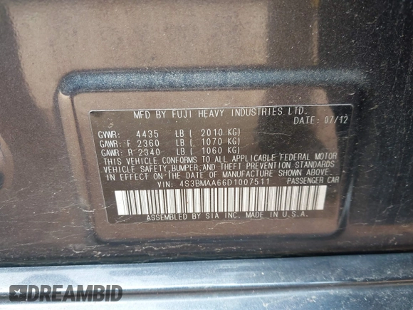 2013 Subaru Legacy 2.5i with VIN 4S3BMAA66D1007511, listed as a IAAI auction lot 41085882 with 127,959 mi miles and . Bid and sale history available at DreamBid. Image 9.