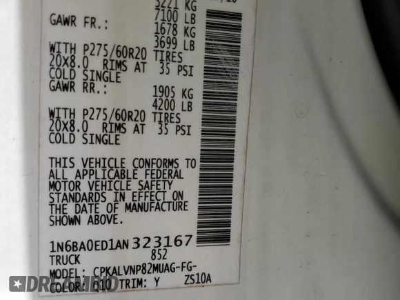 2010 Nissan Titan SE with VIN 1N6BA0ED1AN323167, listed as a Copart auction lot 60237535 with 135,182 mi miles and Salvage title. Bid and sale history available at DreamBid. Image 12.