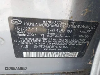2015 Hyundai Sonata SE with VIN 5NPE24AF8FH118366, listed as a IAAI auction lot 42086388 with 179,499 mi miles and . Bid and sale history available at carsss.com. Image 9.