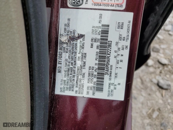 2012 Ford Fusion SE with VIN 3FAHP0HA9CR222803, listed as a Copart auction lot 50508275 with 66,113 mi miles and Salvage Title. Bid and sale history available at carsss.com. Image 12.