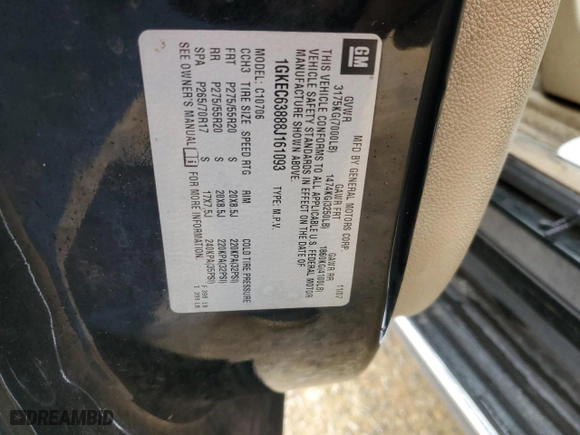 2008 GMC Yukon Denali with VIN 1GKEC63888J161093, listed as a Copart auction lot 46174865 with 0 mi miles and Salvage Title. Bid and sale history available at carsss.com. Image 12.