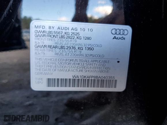 2011 Audi Q5 3.2L Premium Plus with VIN WA1DKAFP8BA040355, listed as a Copart auction lot 79399174 with 85,539 mi miles and Clean Title. Bid and sale history available at carsss.com. Image 14.