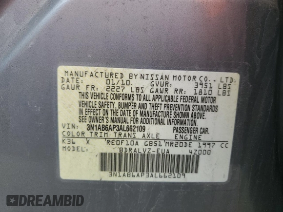 2010 Nissan Sentra 2.0 with VIN 3N1AB6AP3AL662109, listed as a Copart auction lot 59298045 with 121,218 mi miles and Salvage title. Bid and sale history available at DreamBid. Image 12.