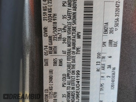 2014 Ford Escape Titanium с VIN 1FMCU0J96EUD41199, выставлен на аукционе Copart как лот 59380245 с пробегом 100 319 миль миль и Списание • Salvage title. История ставок и продаж доступна на DreamBid. Изображение 13.