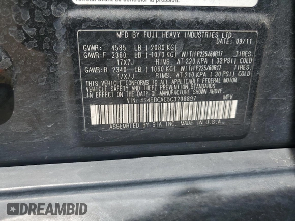 2012 Subaru Outback 2.5i с VIN 4S4BRCAC5C3208897, выставлен на аукционе Copart как лот 58357255 с пробегом 92 447 миль миль и Списание • Salvage title. История ставок и продаж доступна на DreamBid. Изображение 13.